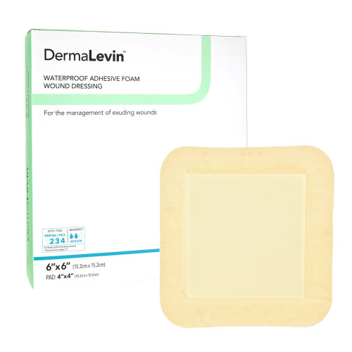 DermaLevin Foam Dressing 6 X 6 Inch With Border Waterproof Backing Hydrocolloid Adhesive Square Sterile, 00285E, Pack of 1