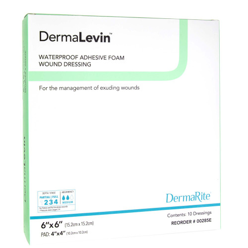 DermaLevin Foam Dressing 6 X 6 Inch With Border Waterproof Backing Hydrocolloid Adhesive Square Sterile, 00285E, Pack of 1