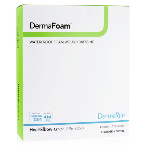 DermaFoam Foam Dressing 4.9 X 5 Inch Without Border Waterproof Backing Nonadhesive Elbow / Heel Sterile, 00293E, Pack of 1