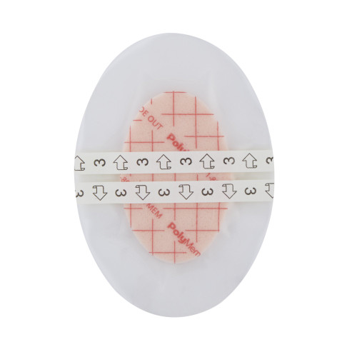 PolyMem Shapes Foam Dressing 3-1/2 X 5 Inch With Border Film Backing Adhesive Oval Sterile, 8053, Case of 30