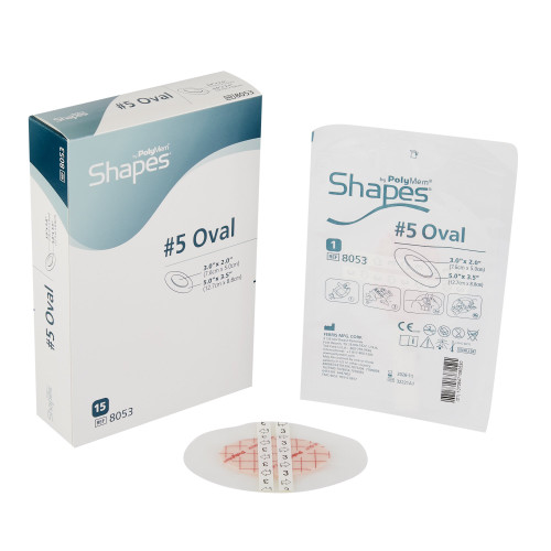 PolyMem Shapes Foam Dressing 3-1/2 X 5 Inch With Border Film Backing Adhesive Oval Sterile, 8053, Case of 30