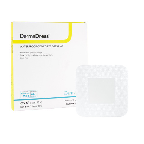 DermaDress Composite Dressing 6 X 6 Inch Square Sterile Waterproof Film Backing, 00277E, Pack of 1