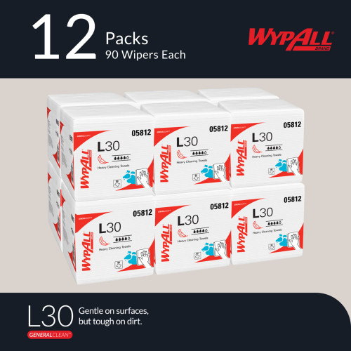 WypAll GeneralClean L30 Multipurpose Task Wipe Heavy Duty 90 Count Poly Pack 12 X 12-1/2 Inch NonSterile Disposable, 05812, Case of 1080 (514550_CS)