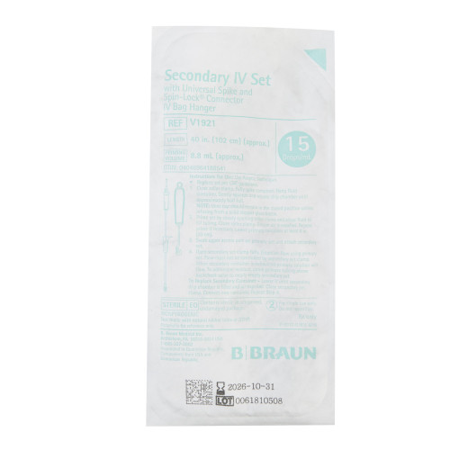 BBraun Secondary IV Administration Set Gravity Without Ports 15 Drops / mL Drip Rate Without Filter 40 Inch Tubing Solution, V1921, Pack of 1