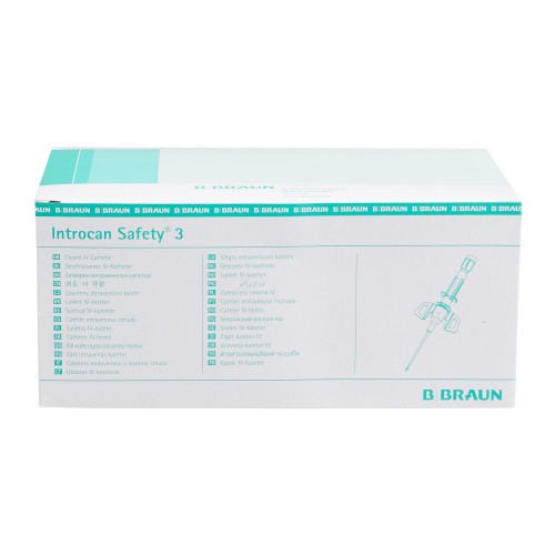 Introcan Safety 3 Closed IV Catheter 22 Gauge 1 Inch Polyurethane Winged Hub Blood Control Passive Safety, 4251128-02, Box of 50