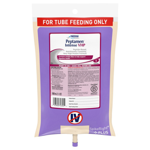 Peptamen Intense VHP Tube Feeding Formula Unflavored Liquid 1000 mL Ready to Hang Prefilled Container, 43900493220, Case of 6