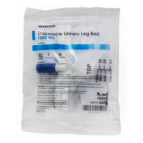 Urinary Leg Bag McKesson Anti-Reflux Valve 1000 mL Vinyl 4605 Each/1 4605 MCK BRAND 911680_EA