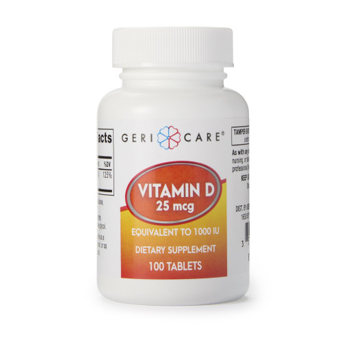 Geri-Care Vitamin D3 Supplement, 25 mg, 1,000 IU Strength, 100 Tablet per Bottle, Bottle of 1