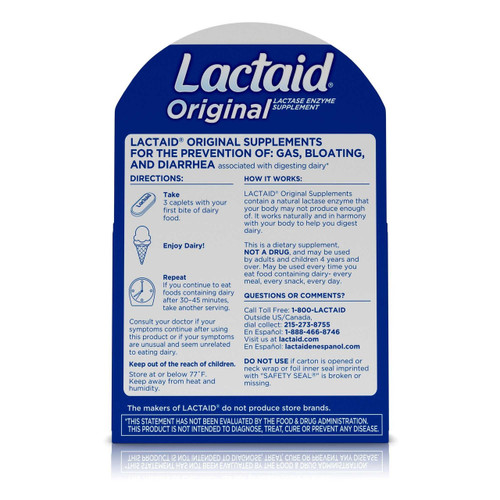 Lactase Enzyme Supplement Lactaid Original 5 mg / 9000 FCC Units Strength Caplet 120 per Box 10300450080032 Each/1 1.03E+13 JOHNSON&JOHNSON CONSUMER INC 696219_BT Lactase Enzyme Supplement Lactaid Original 5 mg / 9000 FCC Units Strength Caplet 120 per Box 10300450080032 Each/1 1.03E+13 JOHNSON&JOHNSON CONSUMER INC 696219_BT