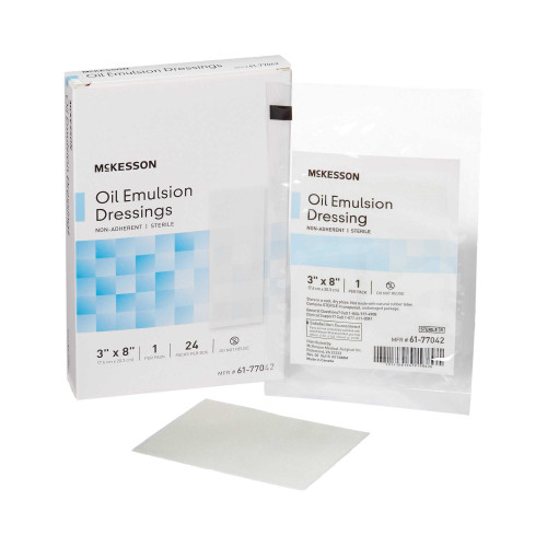 Oil Emulsion Impregnated Dressing McKesson 3 X 8 Inch Acetate Gauze USP White Petrolatum / Mineral Oil Sterile 61-77042 Box/24 61-77042 MCK BRAND 488940_BX