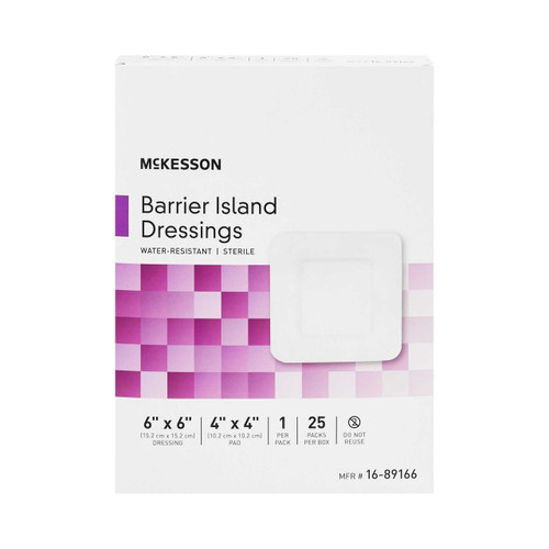 Composite Barrier Island Dressing Water Resistant McKesson 6 X 6 Inch Polypropylene / Rayon 4 X 4 Inch Pad Sterile 16-89166 Box/25 16-89166 MCK BRAND 488921_BX
