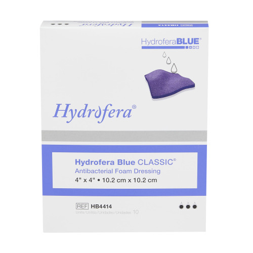 Hydrofera BLUE Classic Antibacterial Foam Dressing 4 X 4 Inch Without Border Without Film Backing Nonadhesive Square Sterile, HB4414, Box of 10