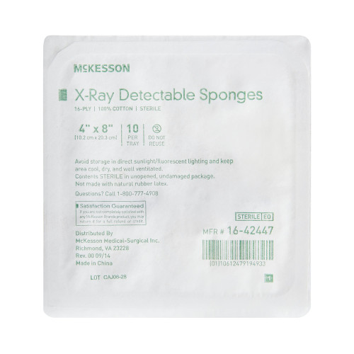 McKesson Gauze Sponge 4 X 8 Inch 16-Ply Sterile X-Ray Detectable 10 per Tray, 16-42447, Transaction of 10