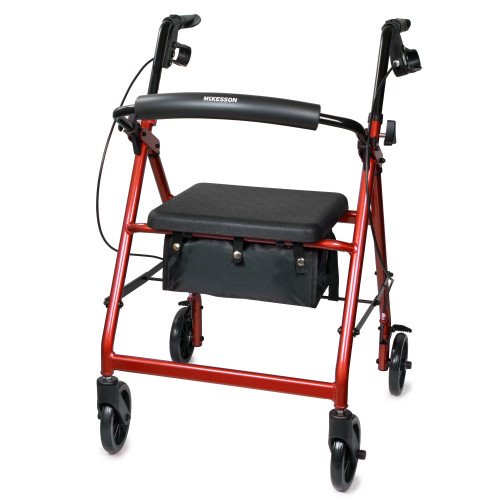 McKesson Folding 4-Wheel Rollator, Aluminum Frame, 14'' Seat Width, 300 pound Weight Capacity, Red, Pack of 1