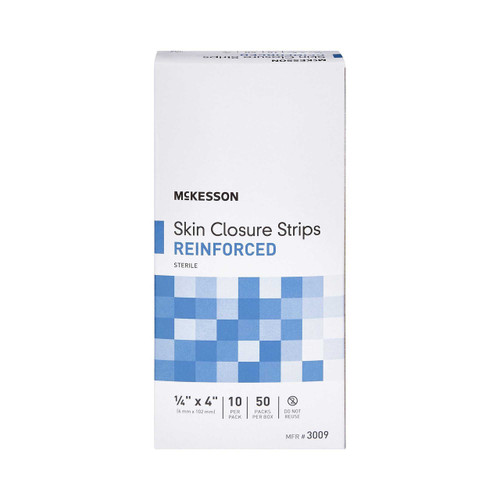 Skin Closure Strip McKesson 1/4 X 4 Inch Nonwoven Material Reinforced Strip White 3009 Pack/10 MCK BRAND 876308_PK Skin Closure Strip McKesson 1/4 X 4 Inch Nonwoven Material Reinforced Strip White 3009 Pack/10 MCK BRAND 876308_PK