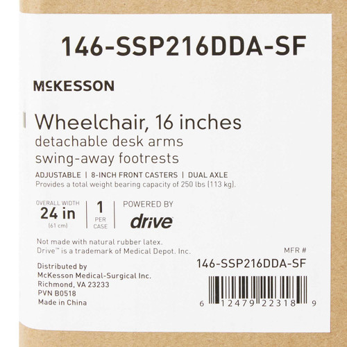 Wheelchair McKesson Padded Removable Composite Black 16 Inch 250 lbs. 146-SSP216DDA-SF Each/1 MCK BRAND 1065272_EA