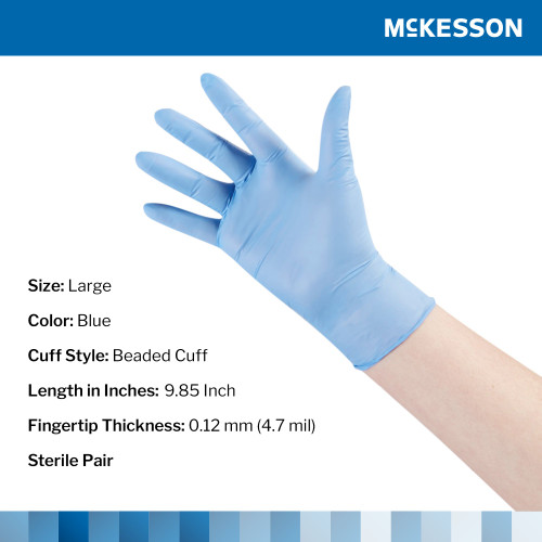 McKesson Confiderm STR Exam Glove Large Sterile Pair Nitrile Standard Cuff Length Textured Fingertips Blue Not Rated, 14-6NSTR6, Box of 50