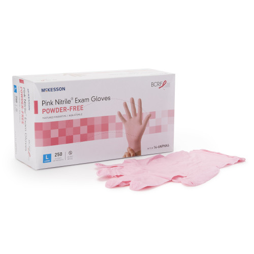McKesson Pink Nitrile Exam Glove Large NonSterile Nitrile Standard Cuff Length Textured Fingertips Pink Not Rated, 14-6NPNK6, Box of 250
