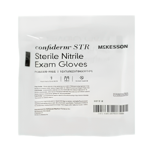 McKesson Confiderm STR Exam Glove Large Sterile Pair Nitrile Standard Cuff Length Textured Fingertips Blue Not Rated, 14-6NSTR6, Pair of 1