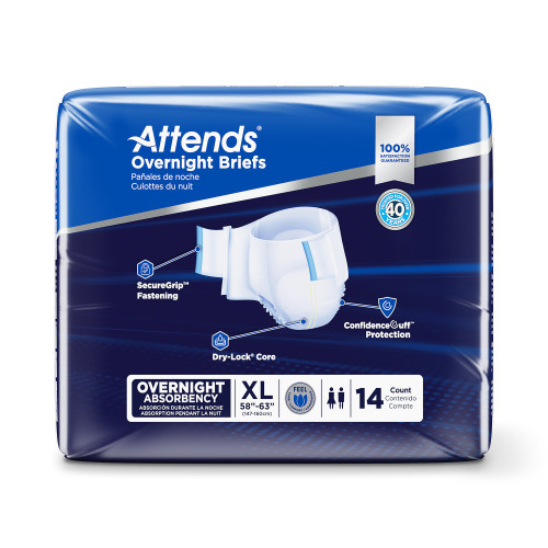 Attends Overnight Incontinence Brief Adult X-Large Unisex Disposable Heavy Absorbency, DDEW40, Bag of 14