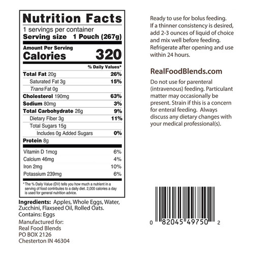 Tube Feeding Formula Real Food Blends 9.4 oz. Pouch Ready to Use Eggs / Apples / Oats Adult / Child Each/1 REAL FOOD BLENDS 1079120_EA