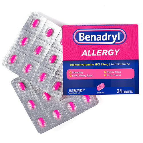 Benadryl Allergy Relief Diphenhydramine HCl 25 mg Strength, Small-size Tabs, 24 Tablets per Box, Box of 24