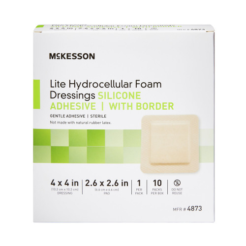 McKesson Lite Thin Foam Dressing 4 X 4 Inch With Border Film Backing Silicone Gel Adhesive Square Sterile, 4873, Box of 10
