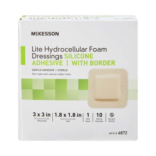McKesson Lite Thin Foam Dressing 3 X 3 Inch With Border Film Backing Silicone Gel Adhesive Square Sterile, 4872, Box of 10