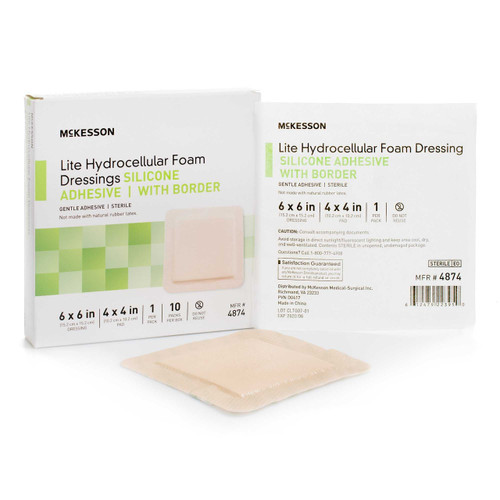 Thin Silicone Foam Dressing McKesson Lite 6 X 6 Inch Square Silicone Gel Adhesive with Border Sterile 4874 Box/10 MCK BRAND 1083091_BX
