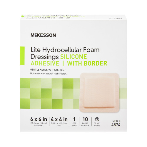 McKesson Lite Thin Foam Dressing 6 X 6 Inch With Border Film Backing Silicone Gel Adhesive Square Sterile, 4874, Box of 10