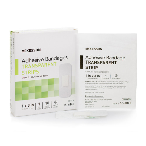McKesson Waterproof Adhesive Strip Silicone Sheer 1 X 3 Inch Sterile, 16-4840, Box of 10