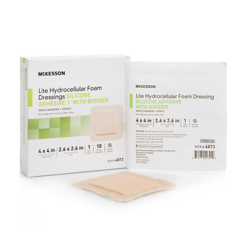 Thin Silicone Foam Dressing McKesson Lite 4 X 4 Inch Square Silicone Gel Adhesive with Border Sterile 4873 Case/200 MCK BRAND 1083090_CS