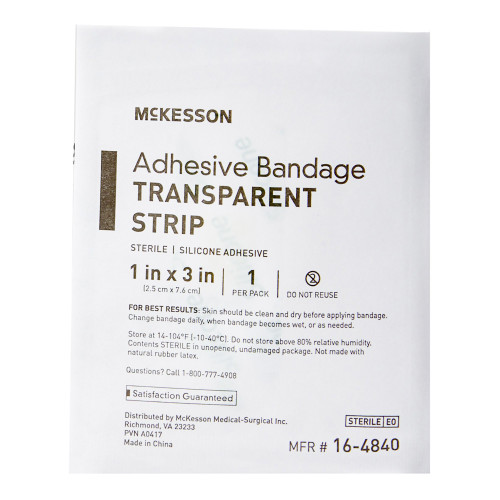 McKesson Waterproof Adhesive Strip Silicone Sheer 1 X 3 Inch Sterile, 16-4840, Case of 320
