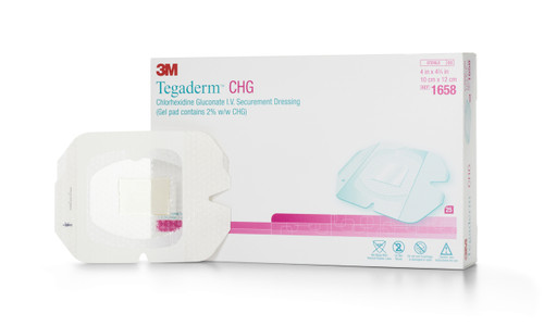 3M Tegaderm I.V. Dressing with CHG CHG (Chlorhexidine Gluconate) / Film 4 X 4-3/4 Inch Sterile, 1658, Box of 25