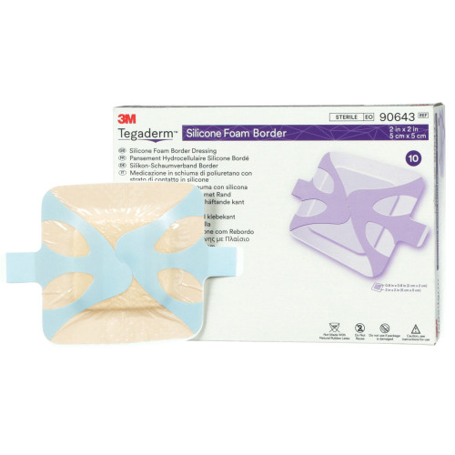 3M Tegaderm Foam Dressing 2 X 2 Inch With Border Film Backing Silicone Adhesive Square Sterile, 90643, Box of 10