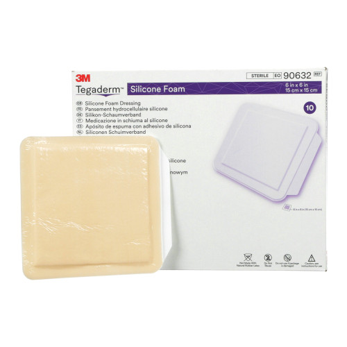 3M Tegaderm Foam Dressing 4 X 4-1/4 Inch Without Border Film Backing Silicone Face Square Sterile, 90631, Box of 10