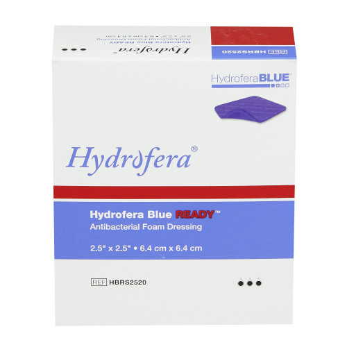 Hydrofera BLUE READY Antibacterial Foam Dressing 2-1/2 X 2-1/2 Inch Without Border Without Film Backing Nonadhesive Square Sterile, HBRS2520, Box of 10