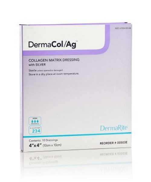 Collagen Dressing with Silver Matrix DermaCol/Ag Collagen/Sodium Alginate/Carboxyl Methylcellulose/EDTA/Silver Chloride 4 X 4 Inch 00503E Each/1 DERMARITE INDUSTRIES LLC 825653_EA