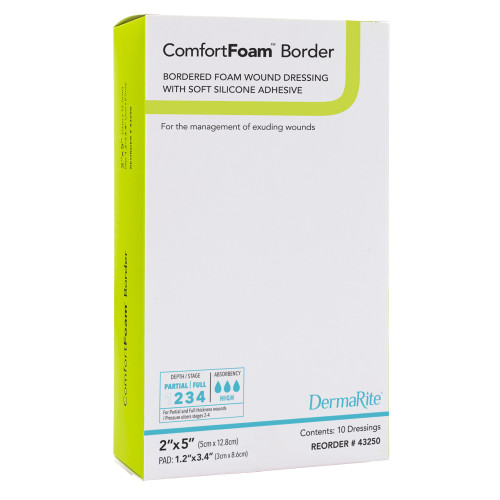 ComfortFoam Border Foam Dressing 2 X 5 Inch With Border Waterproof Backing Silicone Adhesive Rectangle Sterile, 43250, Box of 10