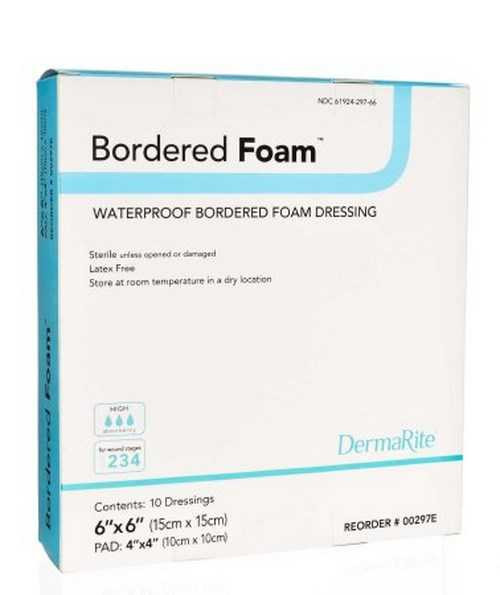 Foam Dressing BorderedFoam® 6 x 6 Inch With Border Waterproof Backing Nonacrylic Adhesive Square Sterile 00297E Pack of 1 BorderedFoam® 773141_EA Foam Dressing BorderedFoam® 6 x 6 Inch With Border Waterproof Backing Nonacrylic Adhesive Square Sterile 00297E Pack of 1 BorderedFoam® 773141_EA