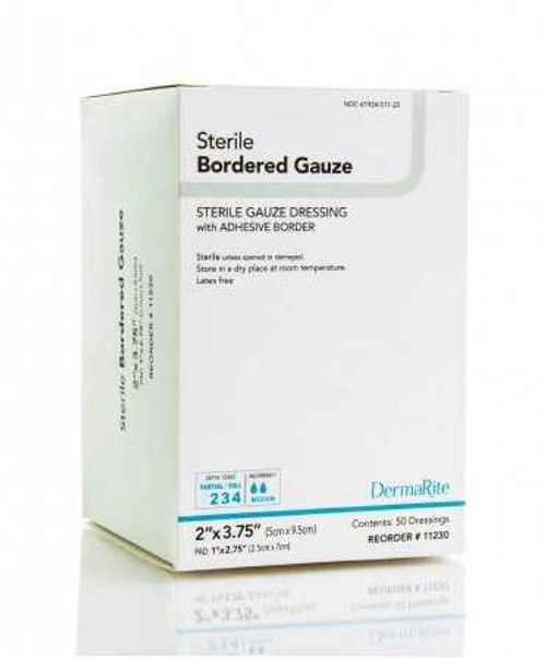 Adhesive Dressing DermaRite 2 X 3.75 Inch Gauze Square White Sterile 11230 Box/50 DERMARITE INDUSTRIES LLC 946441_BX
