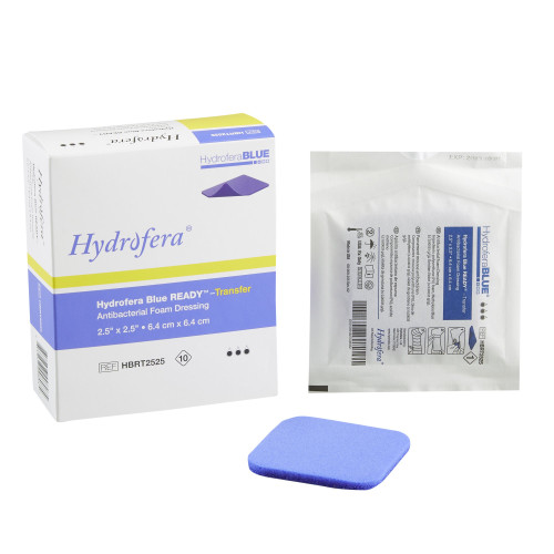 Hydrofera BLUE READY-Transfer Antibacterial Foam Dressing 2-1/2 X 2-1/2 Inch Without Border Without Film Backing Nonadhesive Square Sterile, HBRT2525, Box of 10
