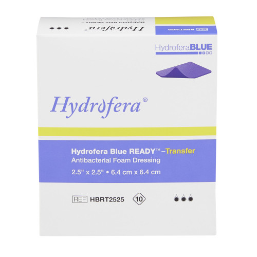 Hydrofera BLUE READY-Transfer Antibacterial Foam Dressing 2-1/2 X 2-1/2 Inch Without Border Without Film Backing Nonadhesive Square Sterile, HBRT2525, Box of 10