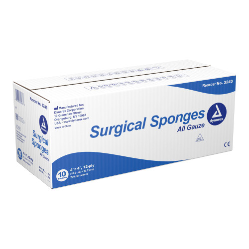Dynarex Gauze Sponge 4 X 4 Inch 12-Ply NonSterile 200 per Pack, 3243, Case of 10