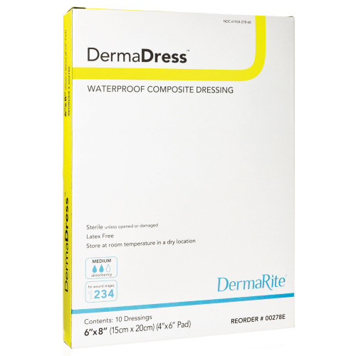 DermaDress Composite Dressing 6 X 8 Inch Rectangle Sterile Waterproof Film Backing, 00278E, Box of 10