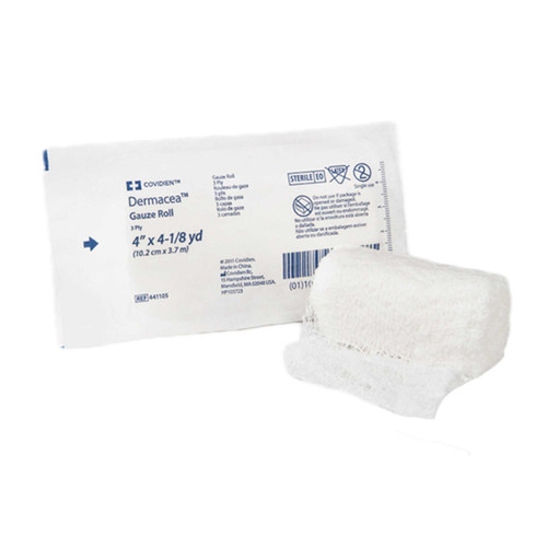 Fluff Dressing Dermacea Gauze 3-Ply 4 Inch X 4-1/10 Yard Roll Sterile 441105 Case/96 KENDALL HEALTHCARE PROD INC. 529114_CS