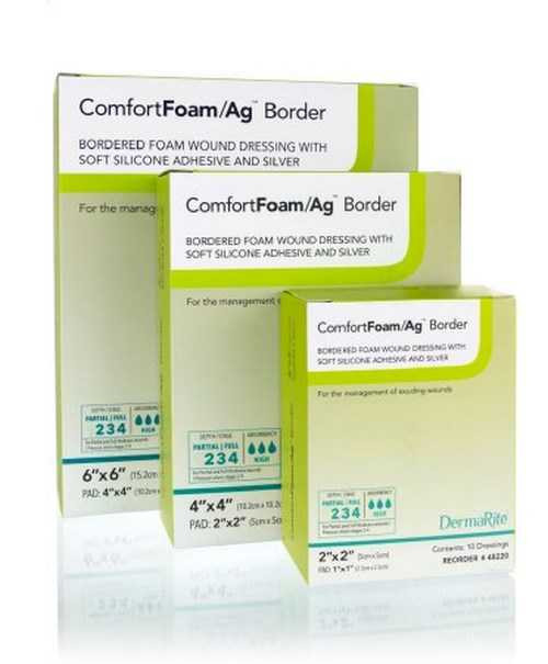 Silver Foam Dressing ComfortFoam/Ag™ Border 4 x 4 Inch Square Sterile 48440 Box of 10 ComfortFoam/Ag™ Border 1054366_BX