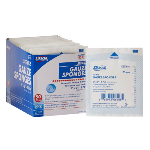 Dukal Gauze Sponge 2 X 2 Inch 8-Ply Sterile 2 per Pack, 6208, Case of 3000