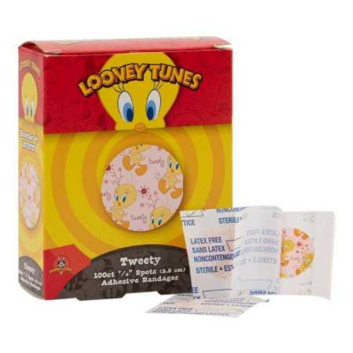 Adhesive Spot Bandage Looney Tunes™ 7/8 Inch Plastic Round Kid Design (Tweety) Sterile 1074737 Box of 1 Looney Tunes™ 516298_BX