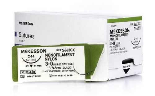 Suture with Needle McKesson Nonabsorbable Black Monofilament Nylon Size 3-0 18 Inch Suture 1-Needle 24 mm 3/8 Circle Reverse Cutting Needle S663GX Box/12 MCK BRAND 1034508_BX